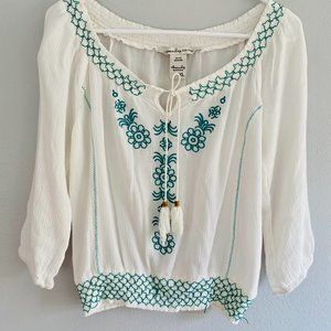 💜American Rag- White Teal Embroidered BOHO Top XL